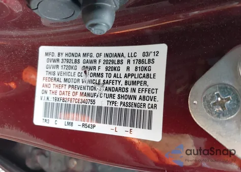 2012 Honda Civic Ex z USA, uszkodzony, nr VIN 19XFB2F87CE340755